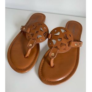 Faux Leather Cognac Medallion Flip Flops